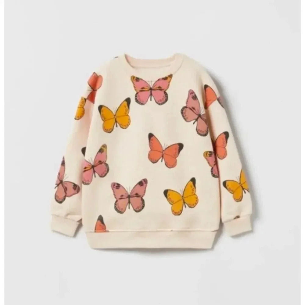Zara Baby Butterflies Sweatshirt Size 6 to 9 months Pink Orange Amber Crew Neck